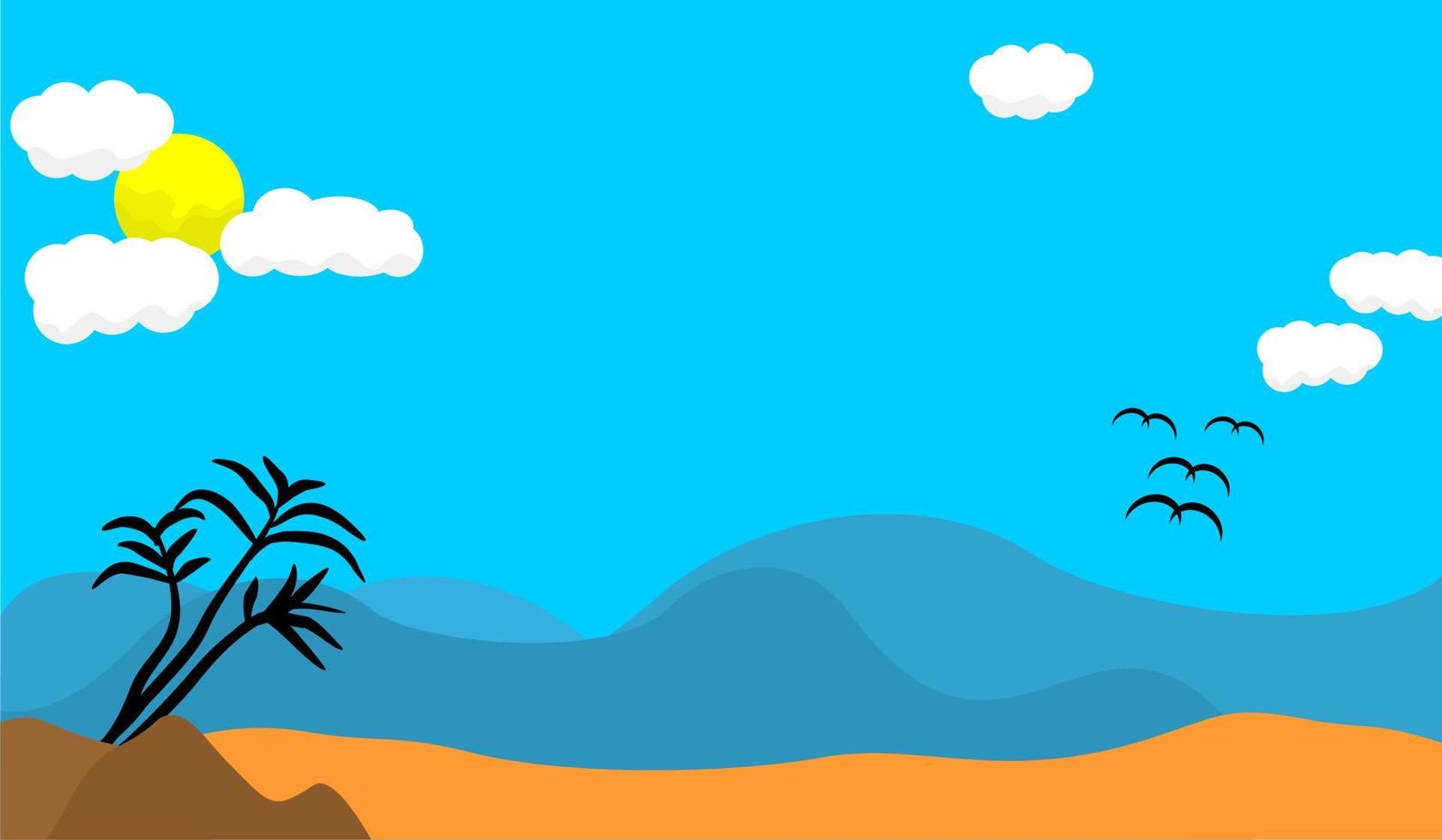 ilustração plana de vistas do mar, ondas, nuvens e sol. adequado para pôster, banner, publicidade, promoção e plano de fundo vetor