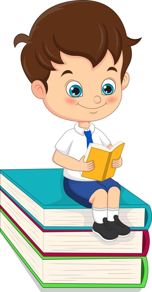 menino de escola bonito lendo um livro vetor
