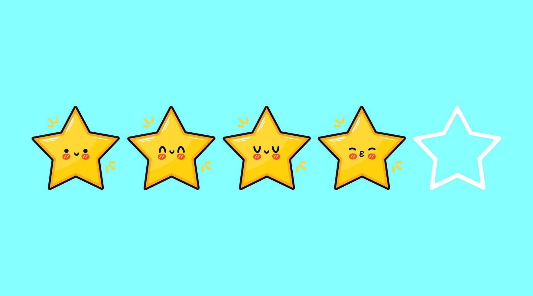 conjunto de pacotes de personagens de 4 estrelas felizes fofos e engraçados. vector mão desenhada doodle estilo cartoon personagem ilustração ícone design. isolado em fundo azul. coleção de personagens de mascote de quatro estrelas fofa