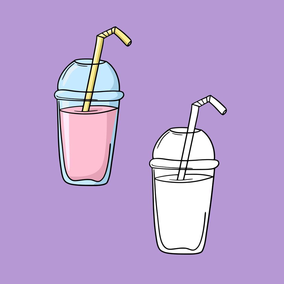 conjunto de imagens, milk-shake de frutas rosa com um tubo de bebida em um copo de plástico, ilustração vetorial em estilo cartoon em um fundo colorido vetor