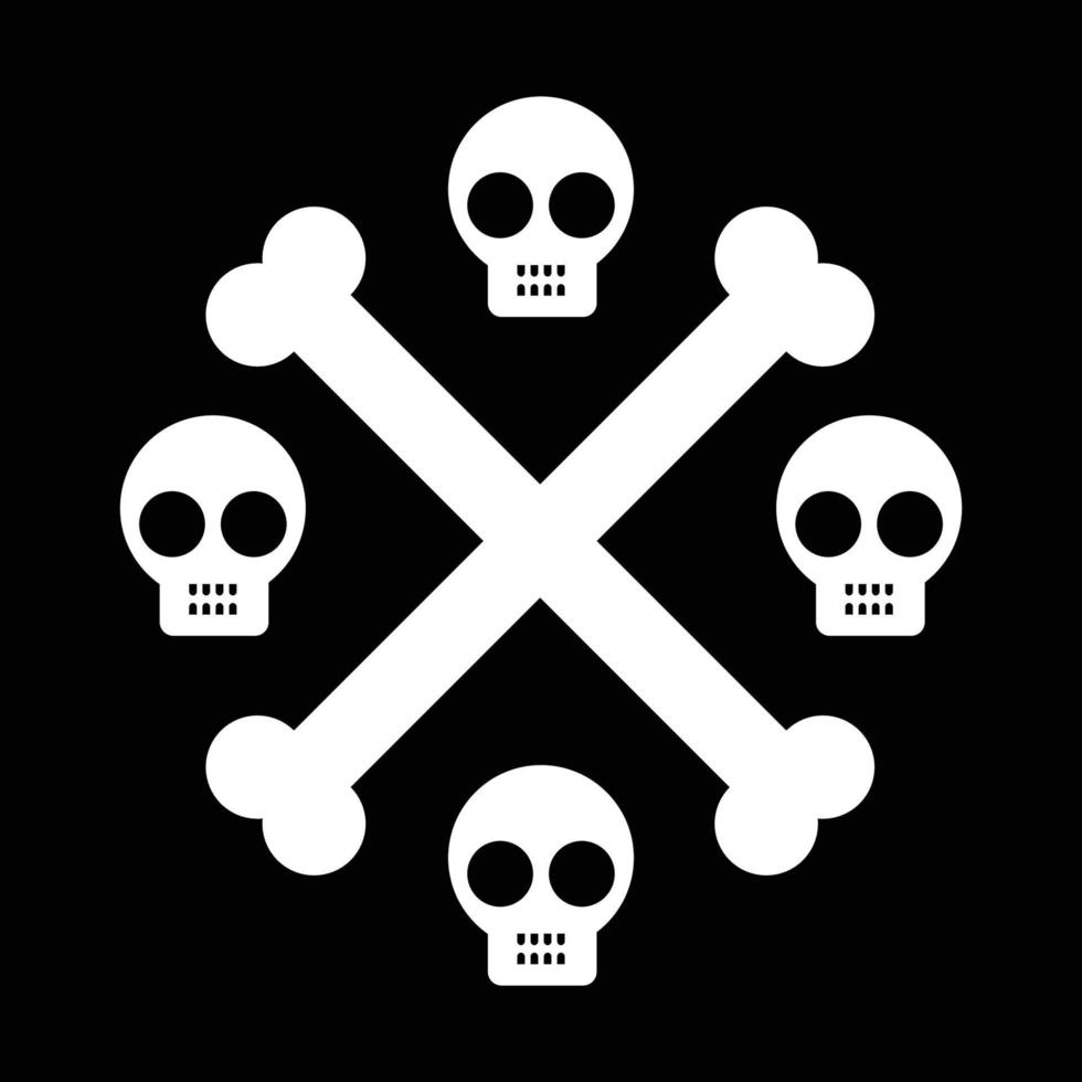 símbolo de ícone de caveira e ossos cruzados branco no design vetorial preto para impressão de logotipo e roupas vetor
