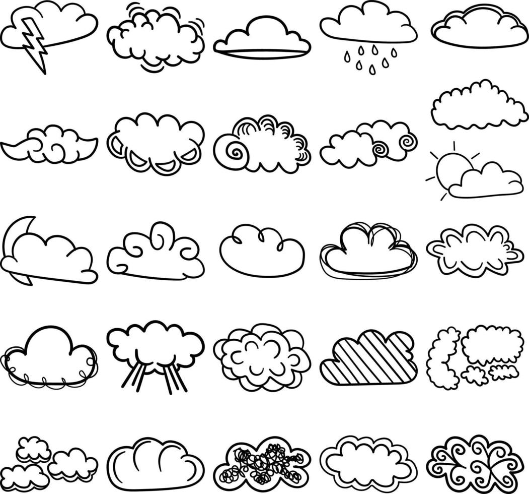 conjunto de contorno de arte de linha de doodle desenhado à mão de nuvens vetor