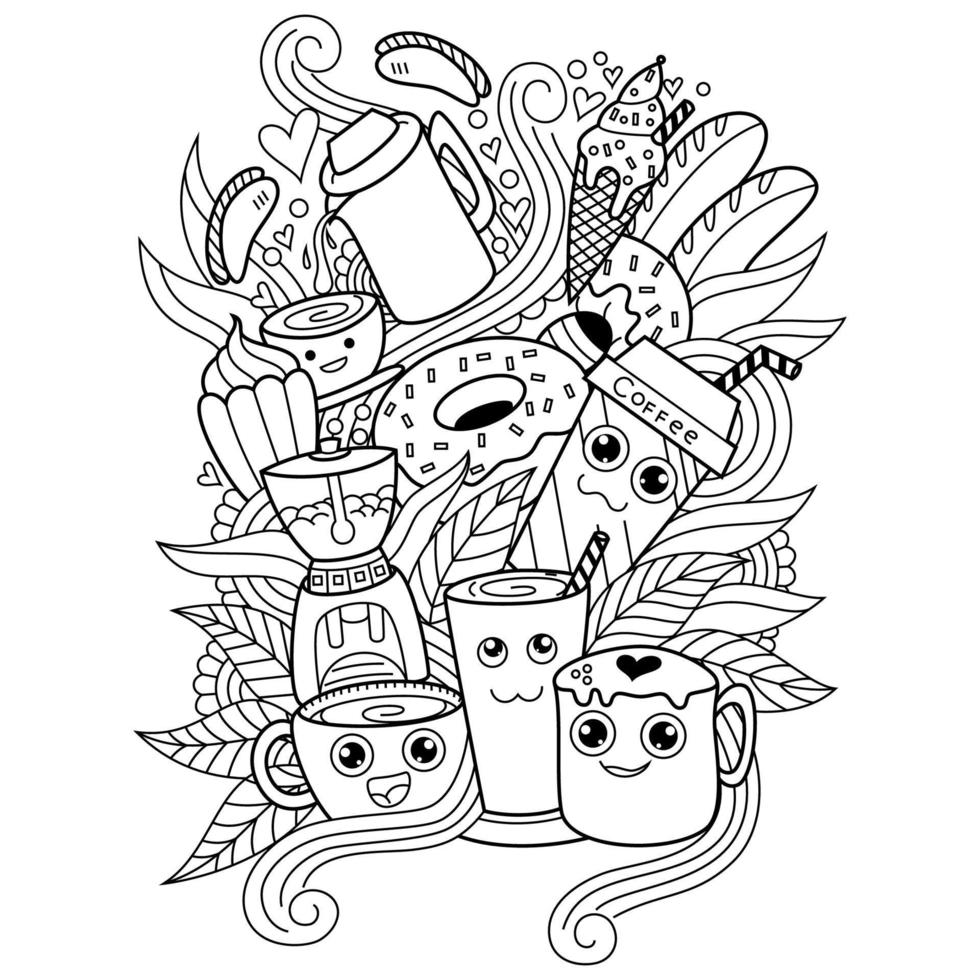 coleção de café bonito na arte de linha de estilo doodle vetor