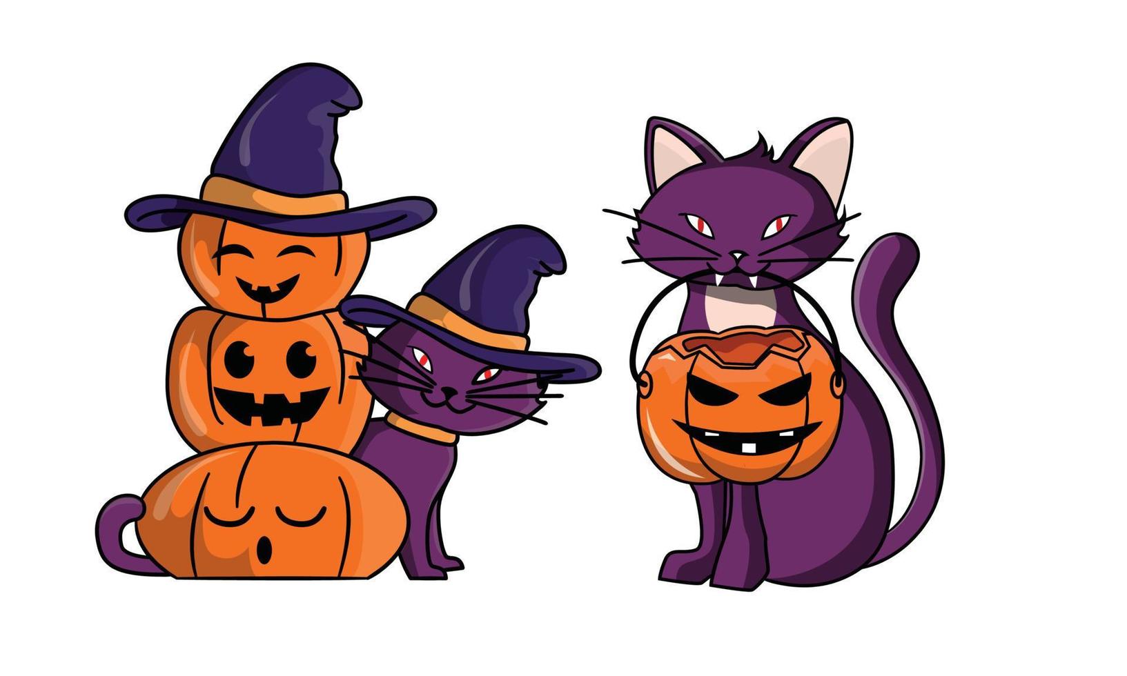 gato bonito em trajes de halloween. fantasia de chapéu de bruxa, cabeça de abóbora, curativo, jack o 'lantern vetor