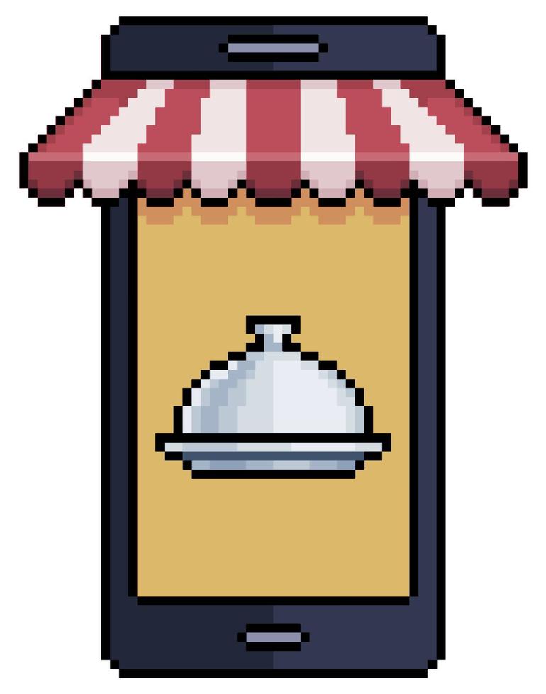 telefone móvel pixel art com toldo e prato de comida, ícone de vetor de aplicativo de comida para jogo em fundo branco