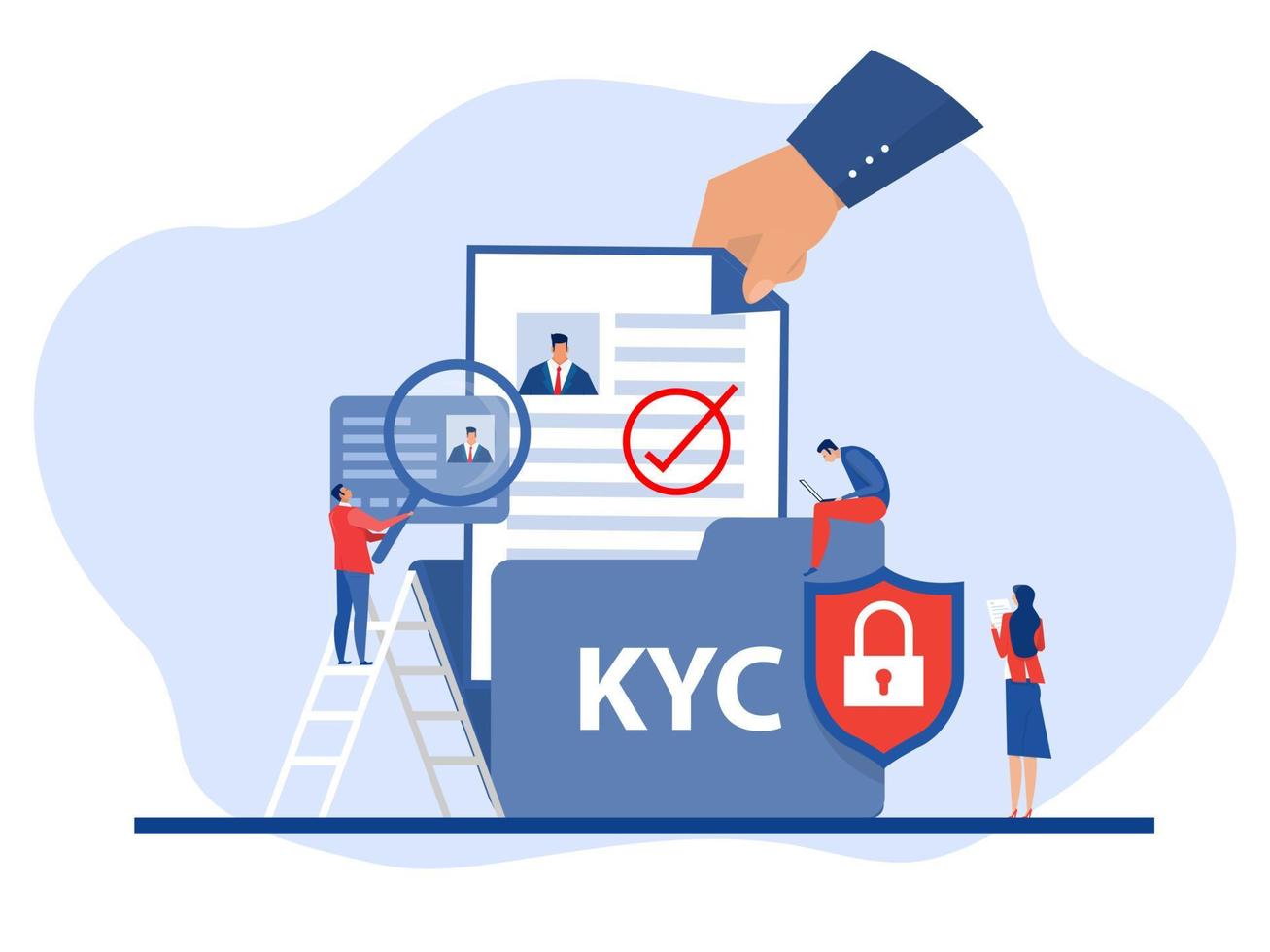 kyc ou conheça seu cliente com negócios verificando a identidade do conceito de seus clientes nos futuros parceiros através de uma lupa ideia de identificação do negócio e segurança financeira. vetor