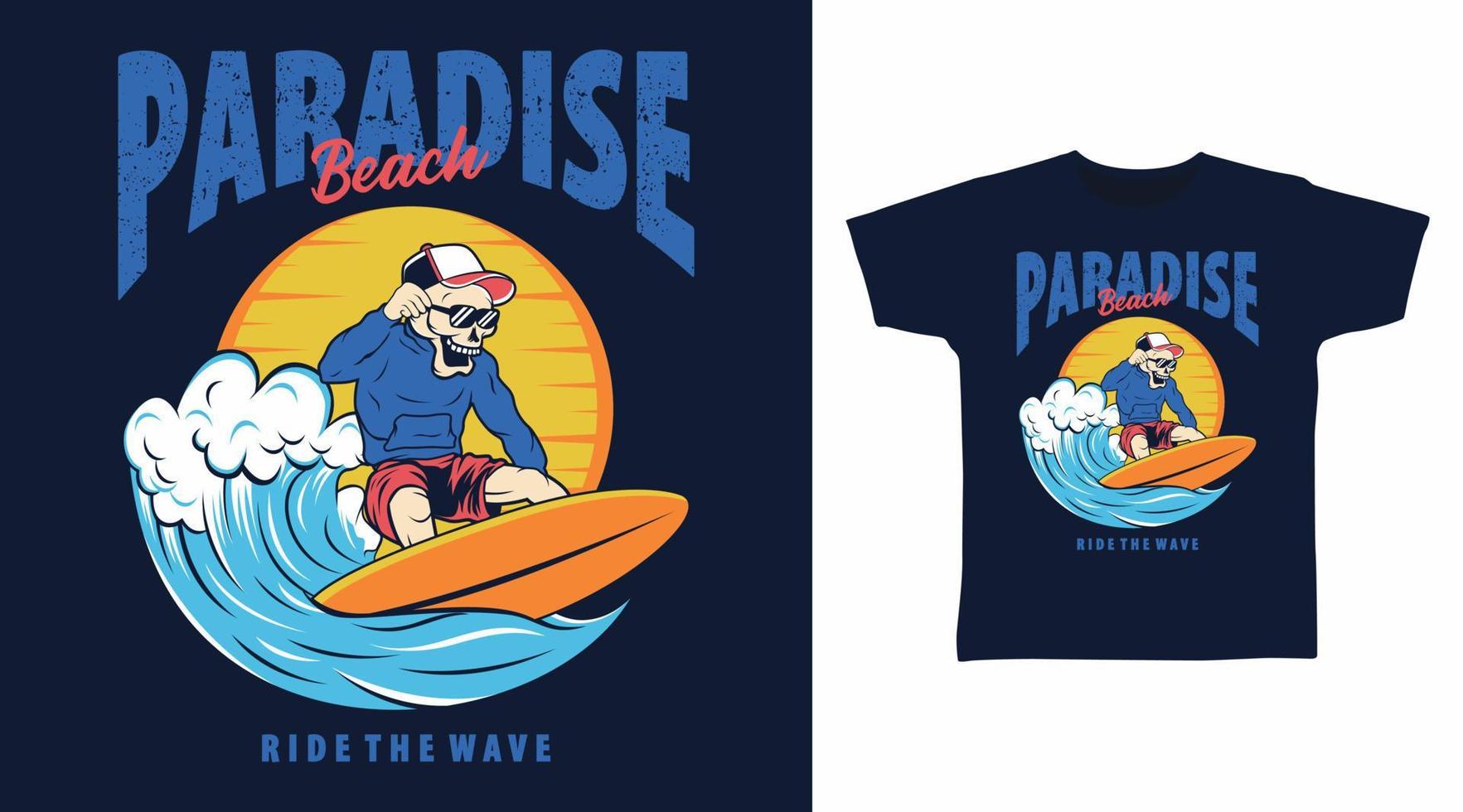 vetor de design de surfista esqueleto com ilustração de ondas grandes, pronto para impressão em t-shirt.