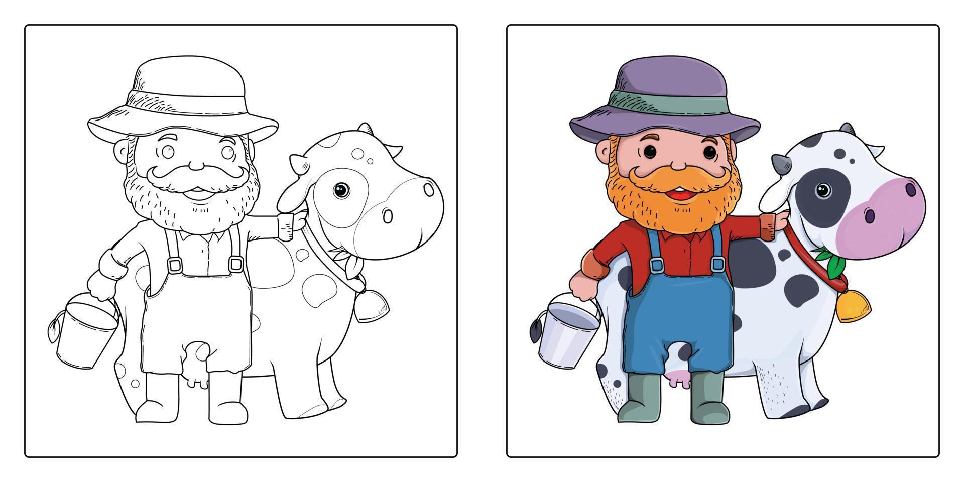 desenhos à mão fazendeiro bonito com vacas para colorir vetor