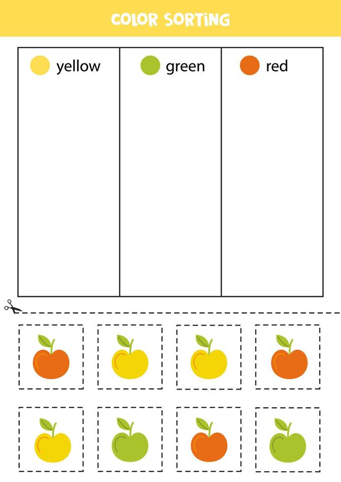 classificar maçãs desenhadas à mão por cores. aprendendo cores para crianças. vetor