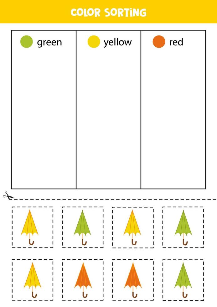 classificar guarda-chuvas desenhados à mão por cores. aprendendo cores para crianças. vetor