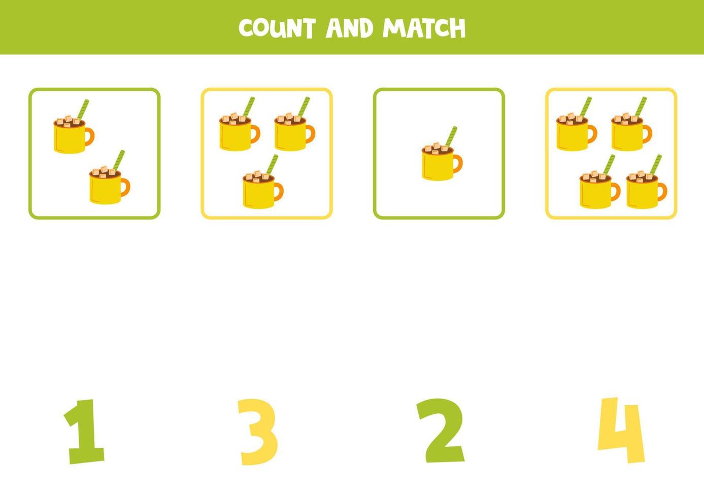 jogo de contagem para crianças. conte todas as xícaras de cacau e combine com os números. planilha para crianças. vetor
