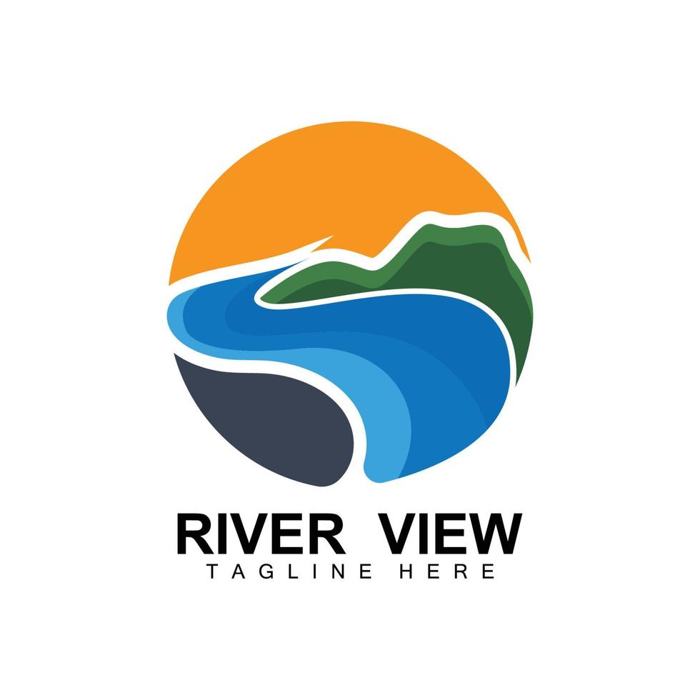 design de logotipo do rio, vetor de riacho do rio, ilustração ribeirinha com uma combinação de montanhas e natureza, marca do produto