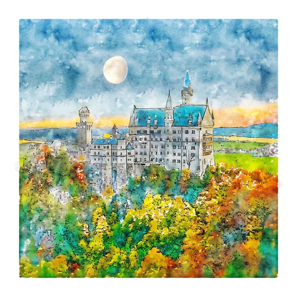 schloss neuschwanstein alemanha esboço em aquarela ilustração desenhada à mão vetor