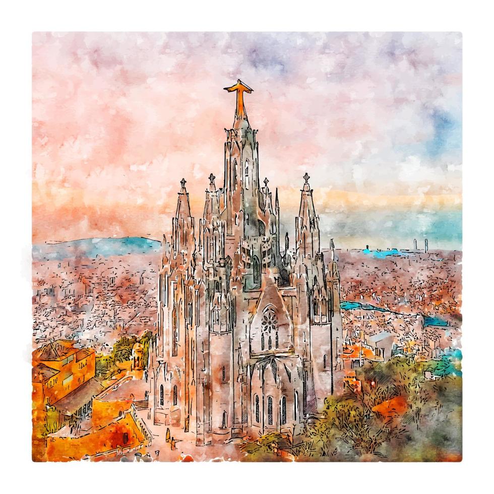 tibidabo barcelona esboço em aquarela ilustração desenhada à mão vetor