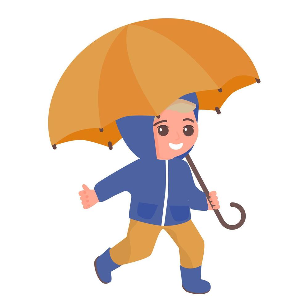 clima de outono, garoto com ilustração vetorial de guarda-chuva isolado. criança vestindo capa de chuva e botas. sorrindo clipart de personagem de menino bonito em estilo simples. vetor