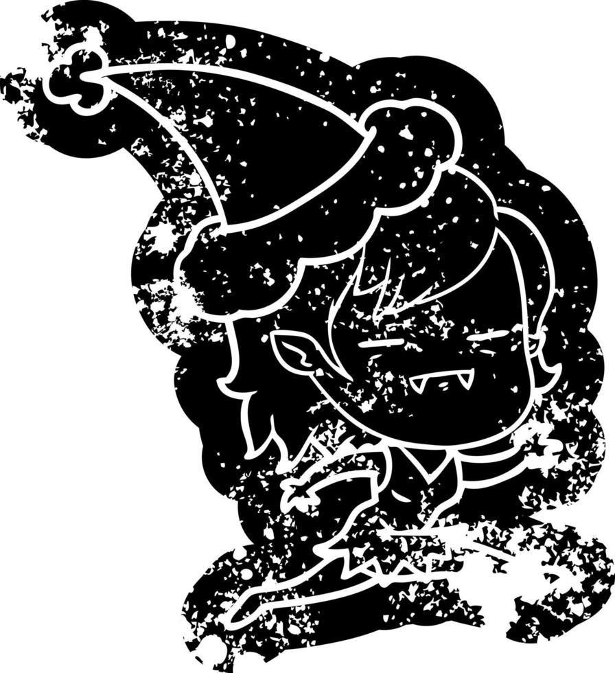 ícone angustiado dos desenhos animados de uma garota vampira morta-viva usando chapéu de papai noel vetor