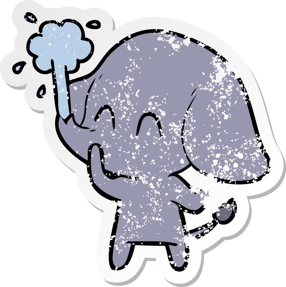 adesivo angustiado de um elefante fofo de desenho animado jorrando água vetor