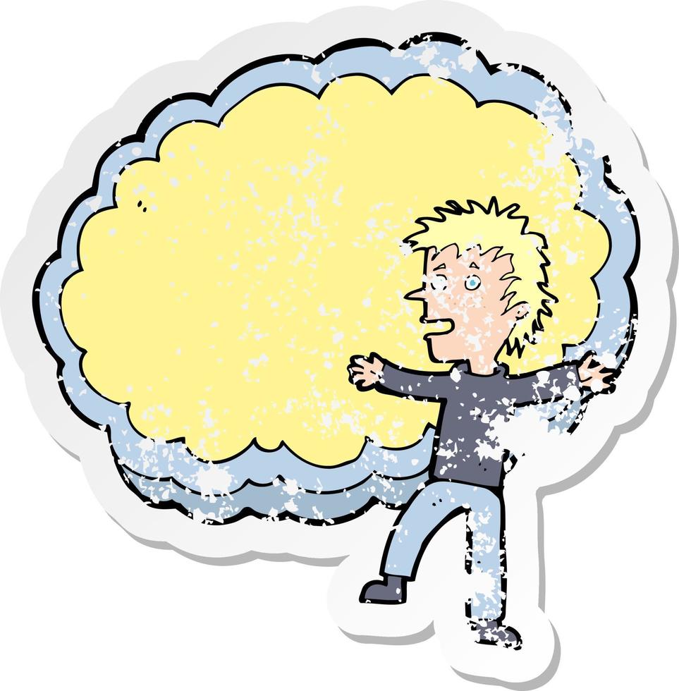 adesivo retrô angustiado de um homem de desenho animado com nuvem de espaço de texto vetor