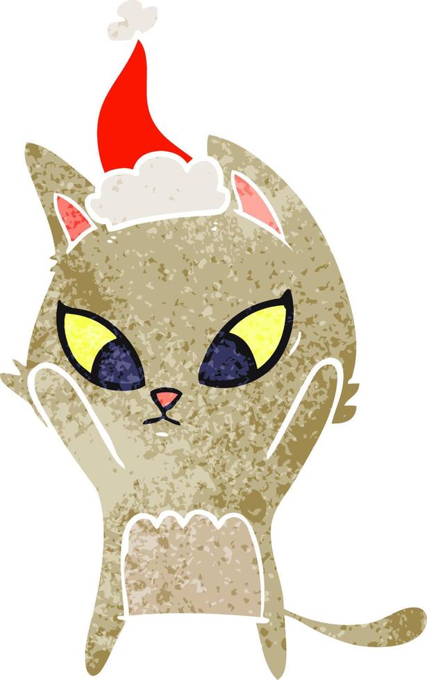 desenho retrô confuso de um gato usando chapéu de papai noel vetor