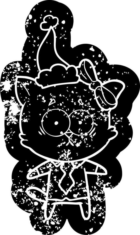 ícone angustiado dos desenhos animados de um gato usando chapéu de papai noel vetor