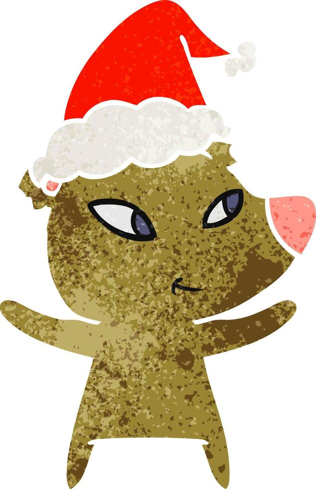 bonito desenho retrô de um urso usando chapéu de papai noel vetor