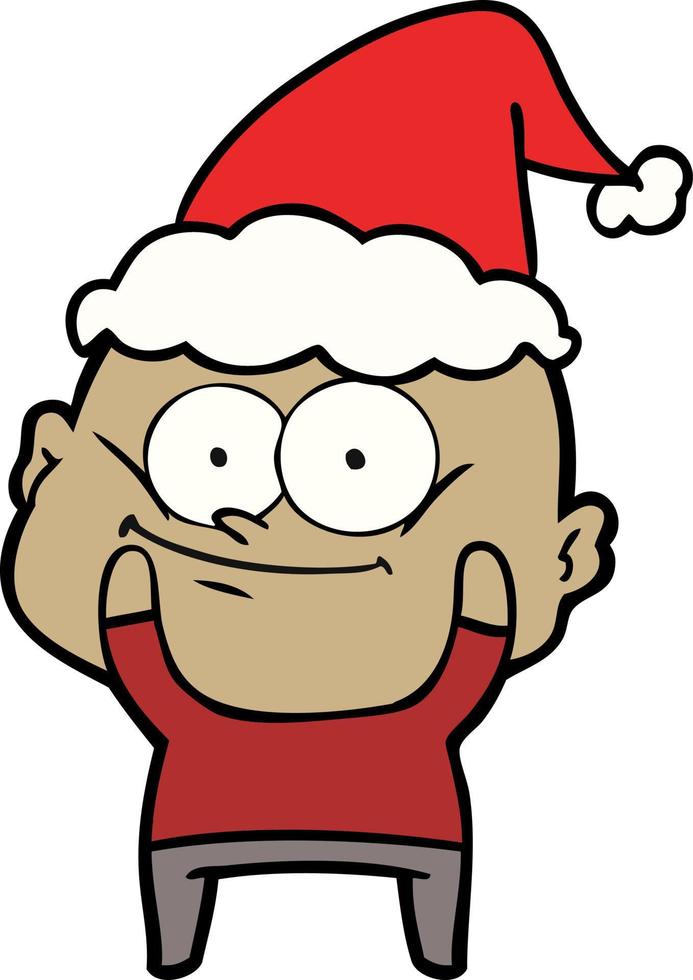 desenho de linha de um homem careca olhando usando chapéu de papai noel vetor