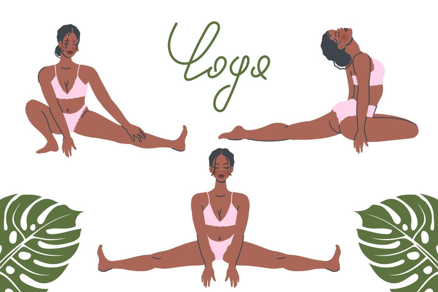 conjunto de poses de ioga isoladas no fundo branco. jovem negra em alongamentos de pose de ioga. prática de meditação e respiração. ilustração vetorial plana para estilo de vida saudável, esporte, banner, pôster vetor