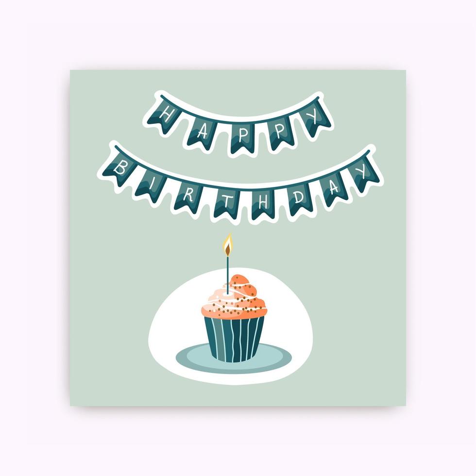 conjunto de cartões postais de feliz aniversário. bolo de aniversário com velas e guirlanda. ilustração desenhada à mão. vetor