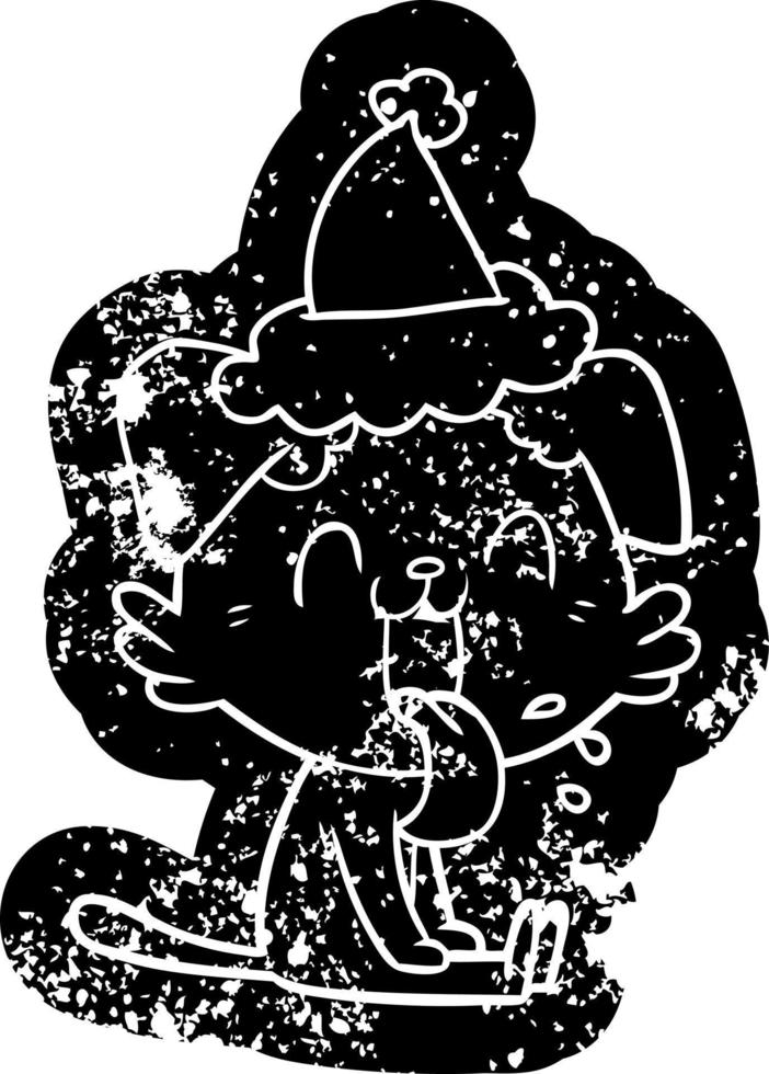 ícone angustiado dos desenhos animados de um cão ofegante usando chapéu de papai noel vetor