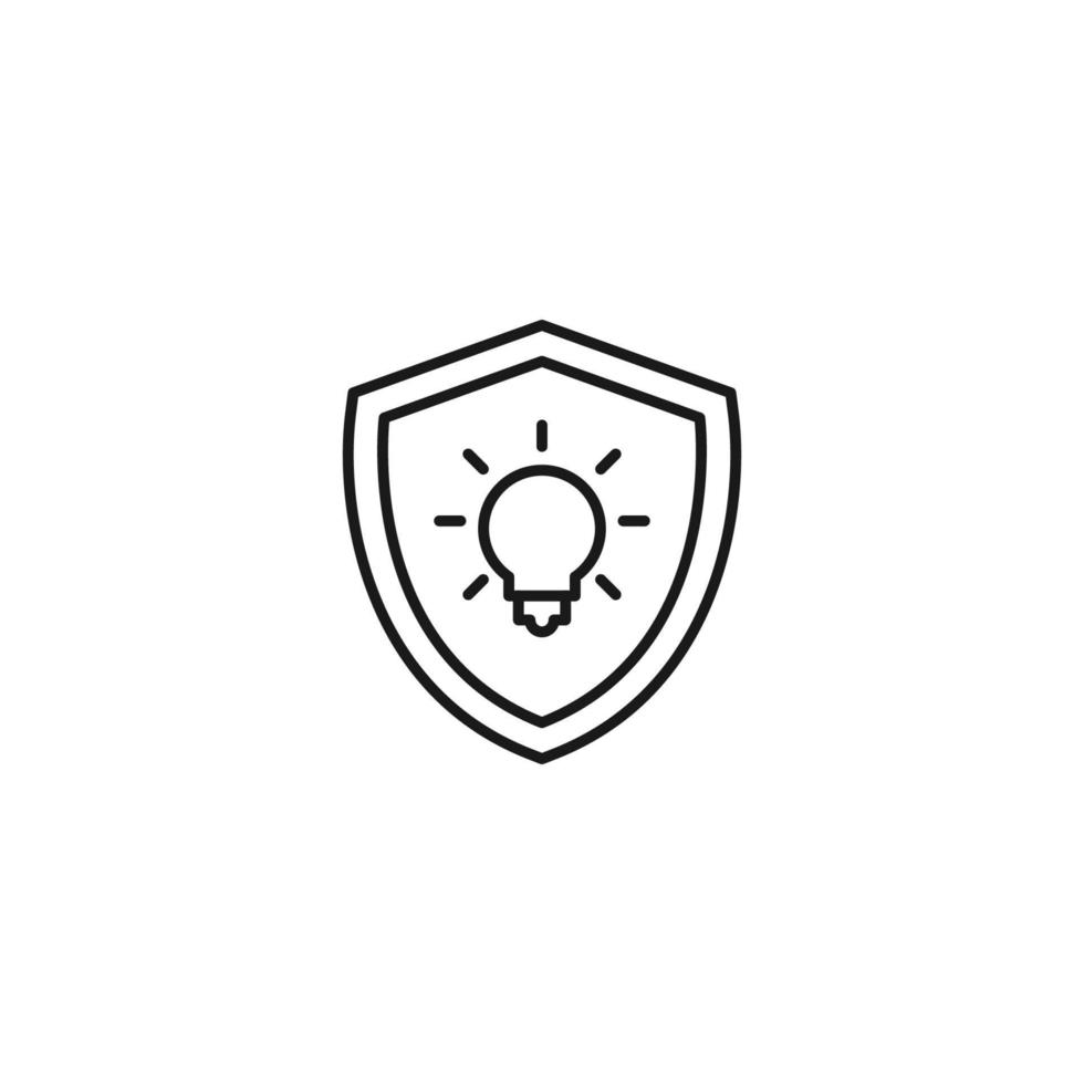 escudo, armadura, sinal de proteção. símbolo de vetor minimalista desenhado com linha fina preta. adequado para anúncios, lojas, lojas, livros. ícone de linha de lâmpada dentro de armadura ou escudo
