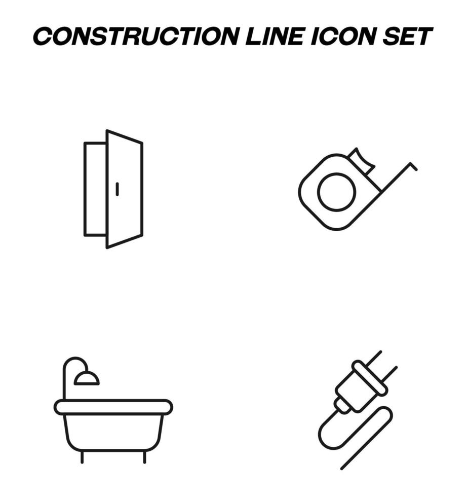 sinais monocromáticos simples desenhados com linha fina preta. ícone de linha vetorial definido com símbolos de porta, fita métrica, banheira, plugue elétrico vetor