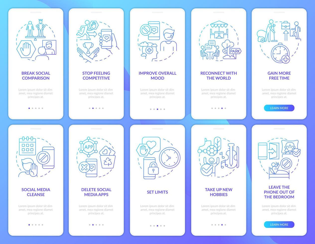 jogo e mídia social gradiente azul onboarding conjunto de tela de aplicativo móvel. passo a passo 5 passos páginas de instruções gráficas com conceitos lineares. ui, ux, modelo de gui. vetor