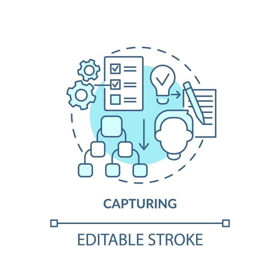 capturando o ícone do conceito turquesa. processo de gestão de inovação idéia abstrata ilustração de linha fina. organizar ideias. desenho de contorno isolado. traço editável. vetor