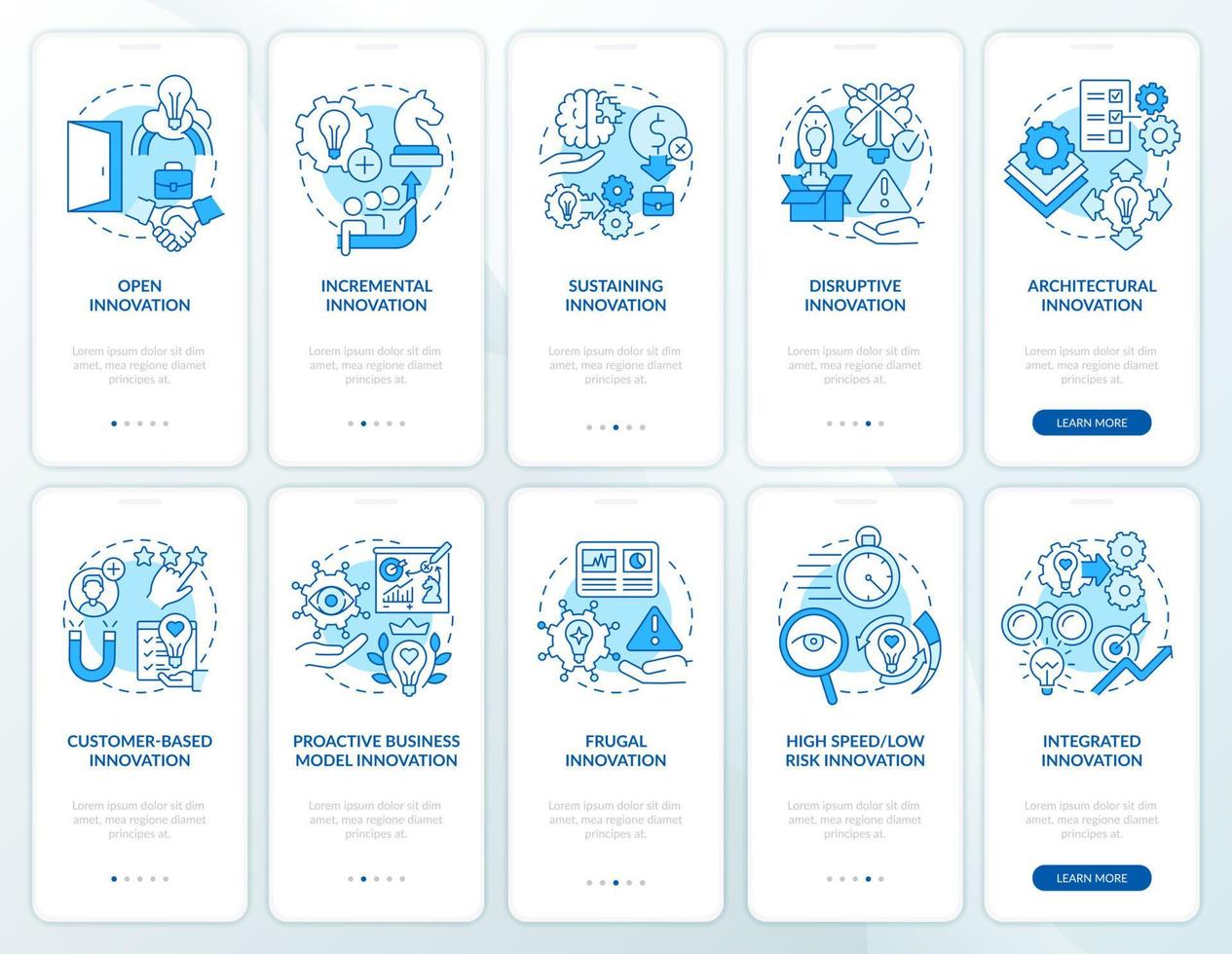 conjunto de tela de aplicativo móvel de integração azul do sistema de gerenciamento de inovação. passo a passo 5 passos páginas de instruções gráficas com conceitos lineares. ui, ux, modelo de gui. vetor