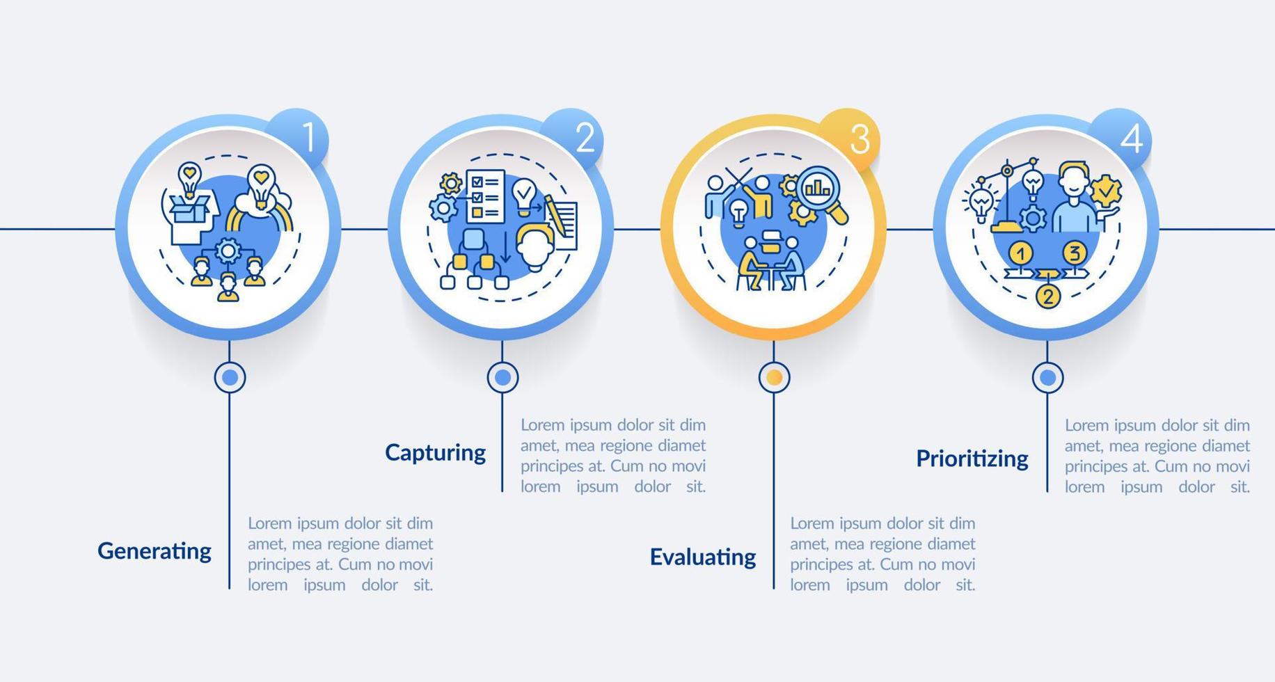 modelo de infográfico de círculo de processo de gestão de inovação. gerando. visualização de dados com 4 etapas. gráfico de informações da linha do tempo do processo. layout de fluxo de trabalho com ícones de linha. vetor