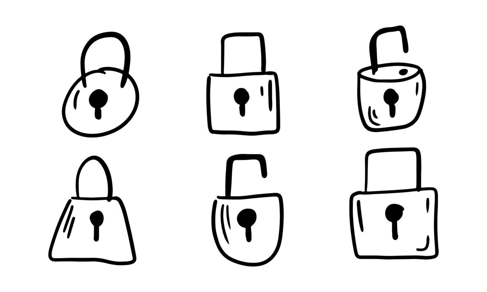 cadeado desenhado à mão e desbloqueie cadeados. conjunto de ícones de segurança de proteção doodle isolados no branco. esboço de elementos de segurança e proteção. coleção de símbolos ilustração vetorial de proteção em casa vetor