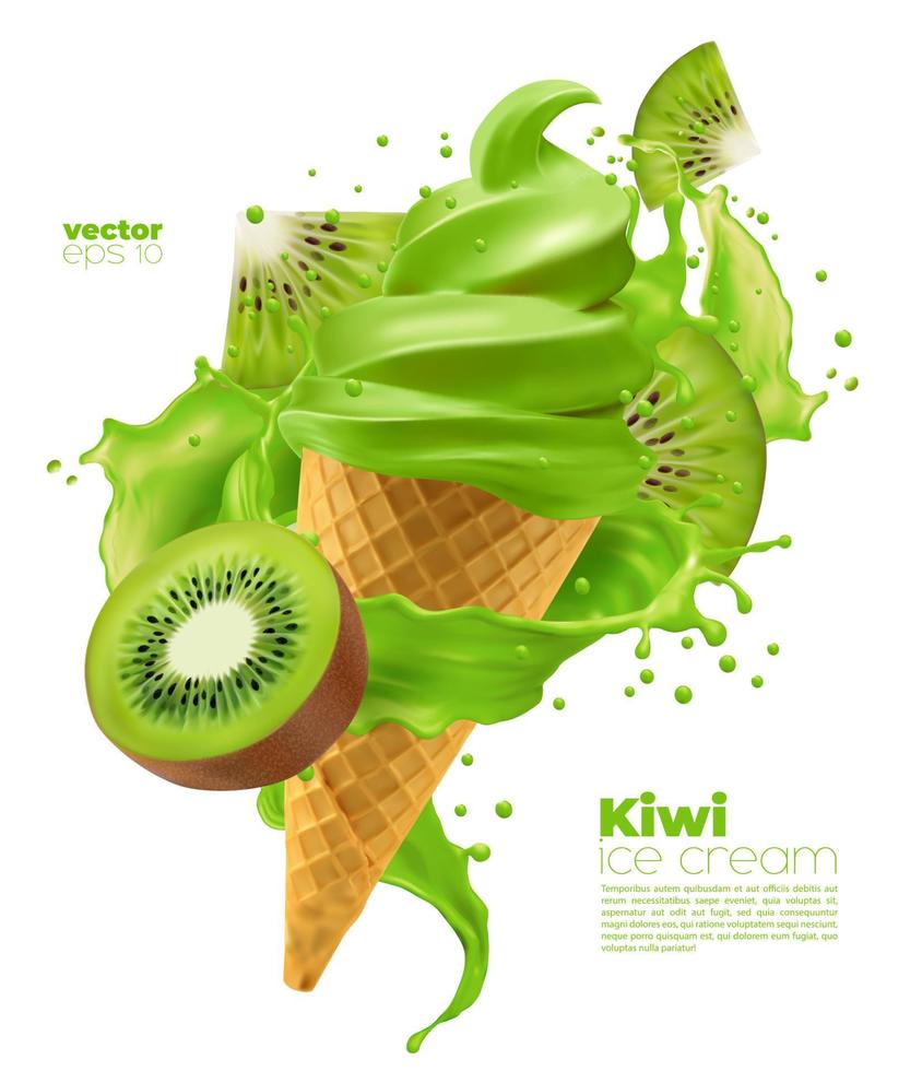 casquinha de sorvete macio de kiwi isolado com respingo vetor