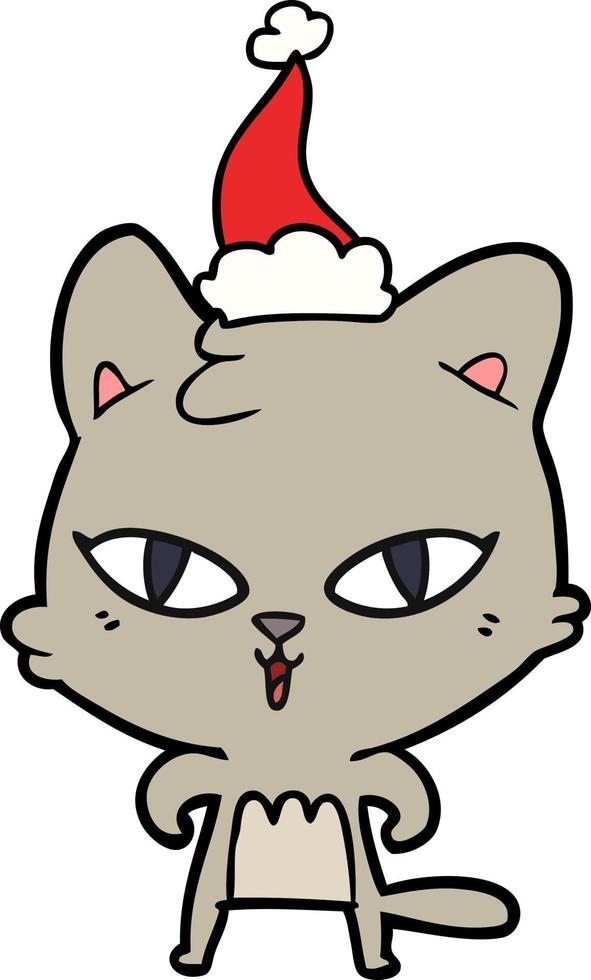 desenho de linha de um gato usando chapéu de papai noel vetor