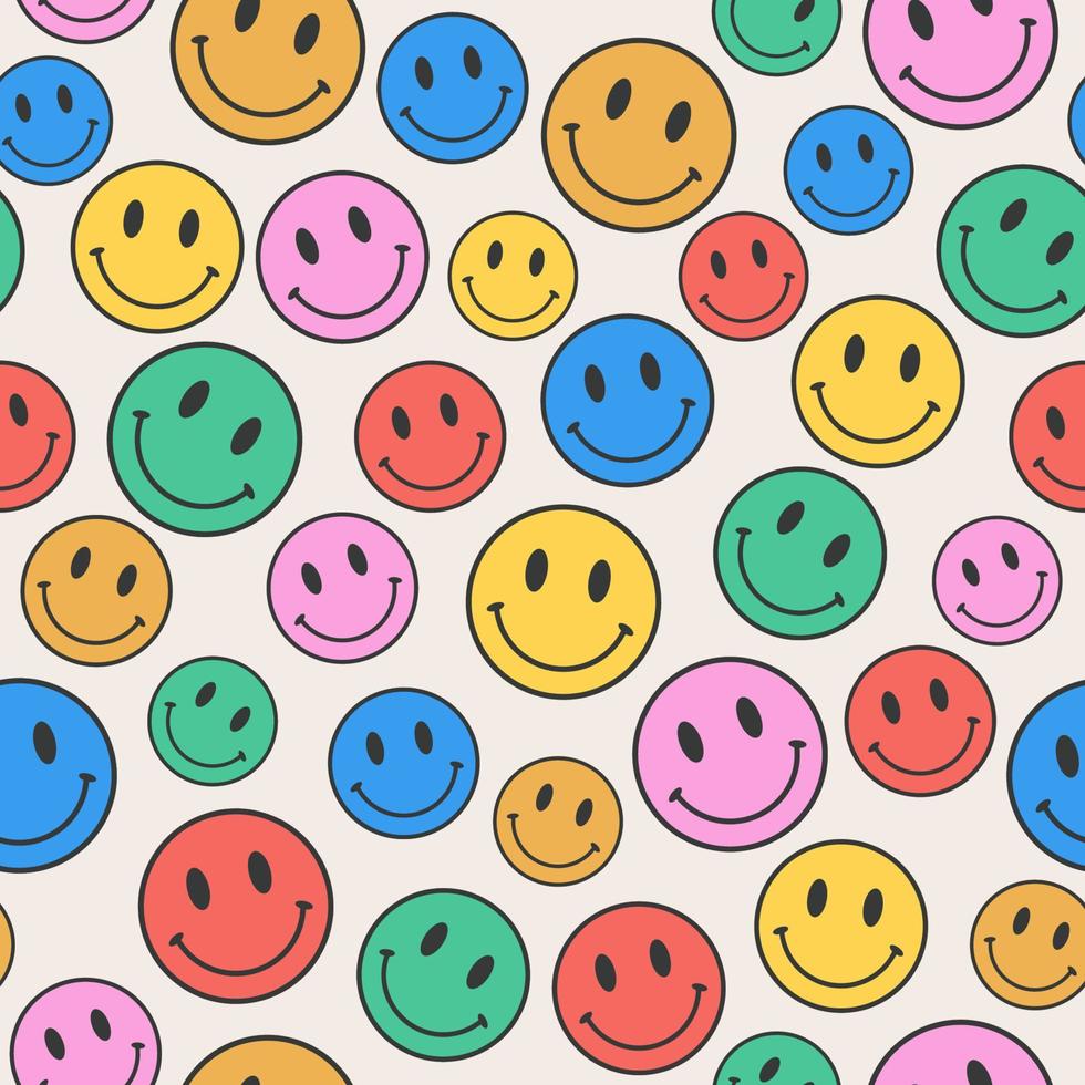 design de padrão sem emenda de rosto sorridente. vetor de fundo bonito sorriso emoji doodle retrô colorido.