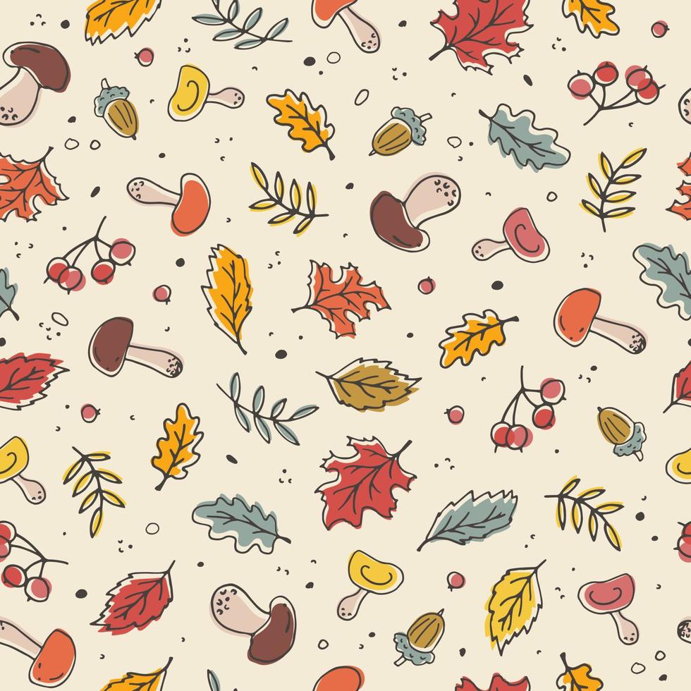 vector padrão sem emenda natural de outono engraçado colorido com folhas de outono, cogumelos, bolotas e bagas. fundo de outono fofo