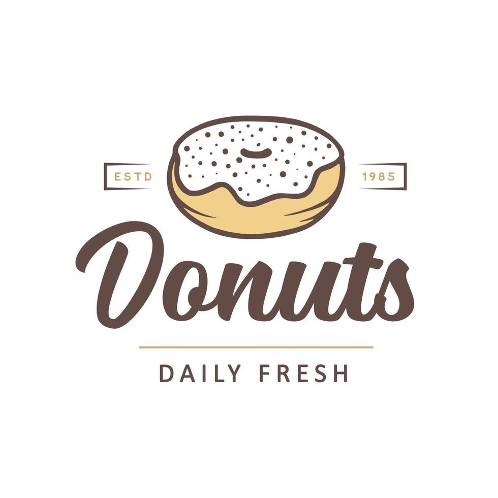 rótulo simples de loja de padaria estilo vintage, crachá, emblema, modelo de logotipo. arte gráfica de comida com elemento de vetor de design de donut gravado com tipografia. rosquinha orgânica linear sobre fundo branco.