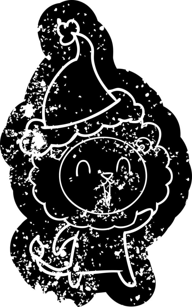 ícone angustiado de desenho de leão rindo de um chapéu de papai noel vetor
