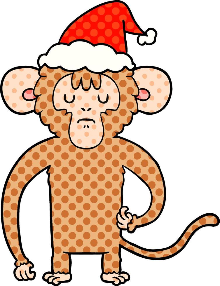 ilustração de estilo de quadrinhos de um macaco coçando usando chapéu de papai noel vetor