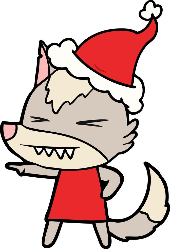 desenho de linha de lobo bravo de um chapéu de Papai Noel vetor