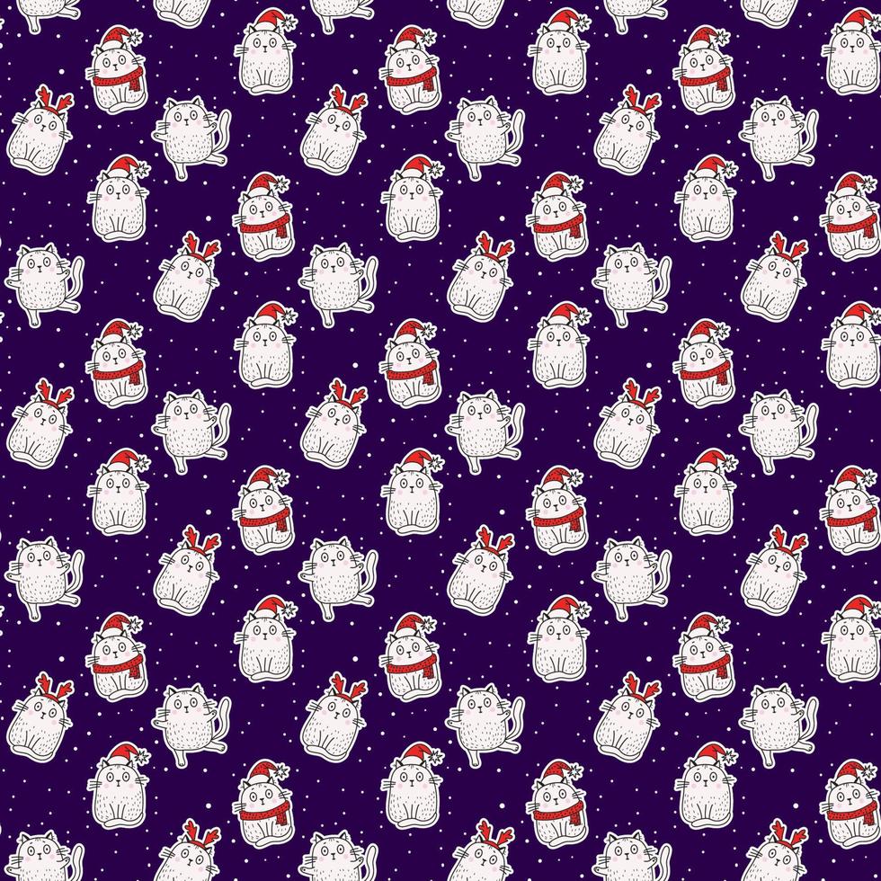padrões sem emenda. gatos bonitos brancos em um chapéu com chifres, em um chapéu de Papai Noel, em um lenço sobre um fundo azul com flocos de neve brancos. ilustração vetorial. natal festivo e design e decoração de ano novo vetor