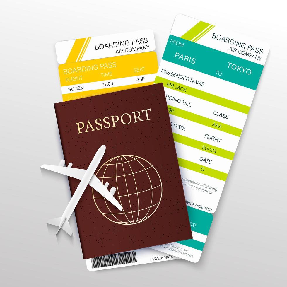 cartão de embarque e passaporte com avião vetor
