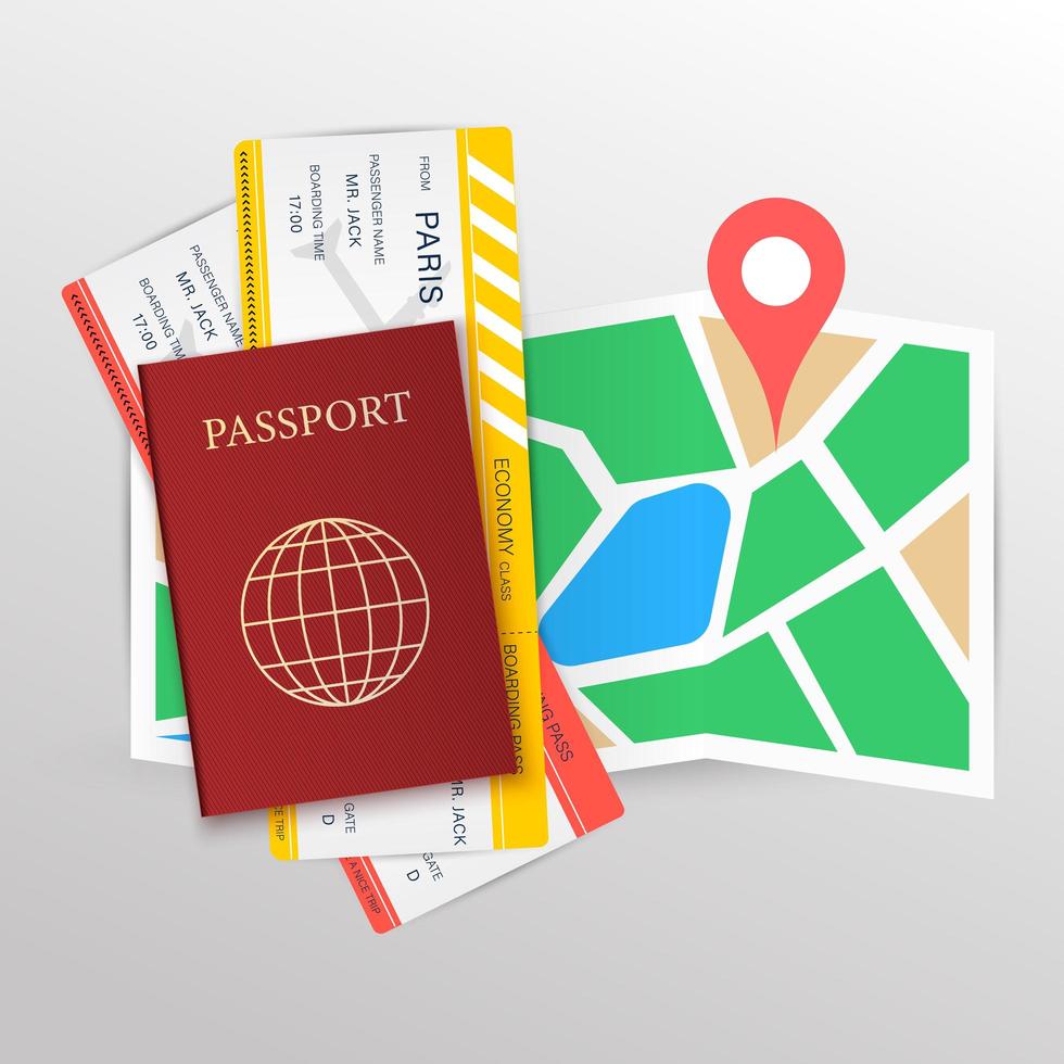 passaporte e cartões de embarque no mapa com alfinete vetor