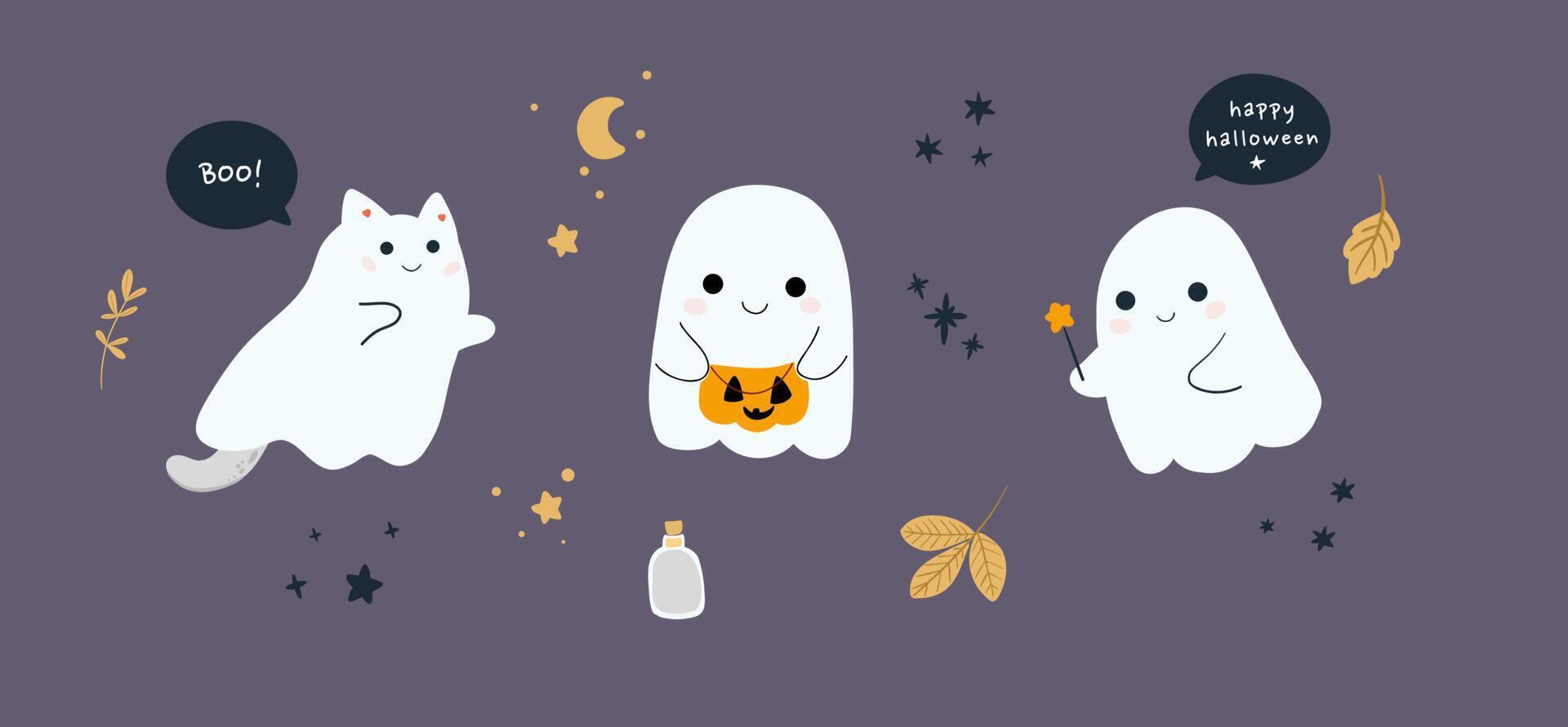 crianças animais fofos de halloween em trajes de festa doces ou travessuras, fantasmas, abóbora, doces, coleção de cartões divertidos. mão desenhada ilustração vetorial. design plano de estilo escandinavo. conceito para cartão, convide. vetor