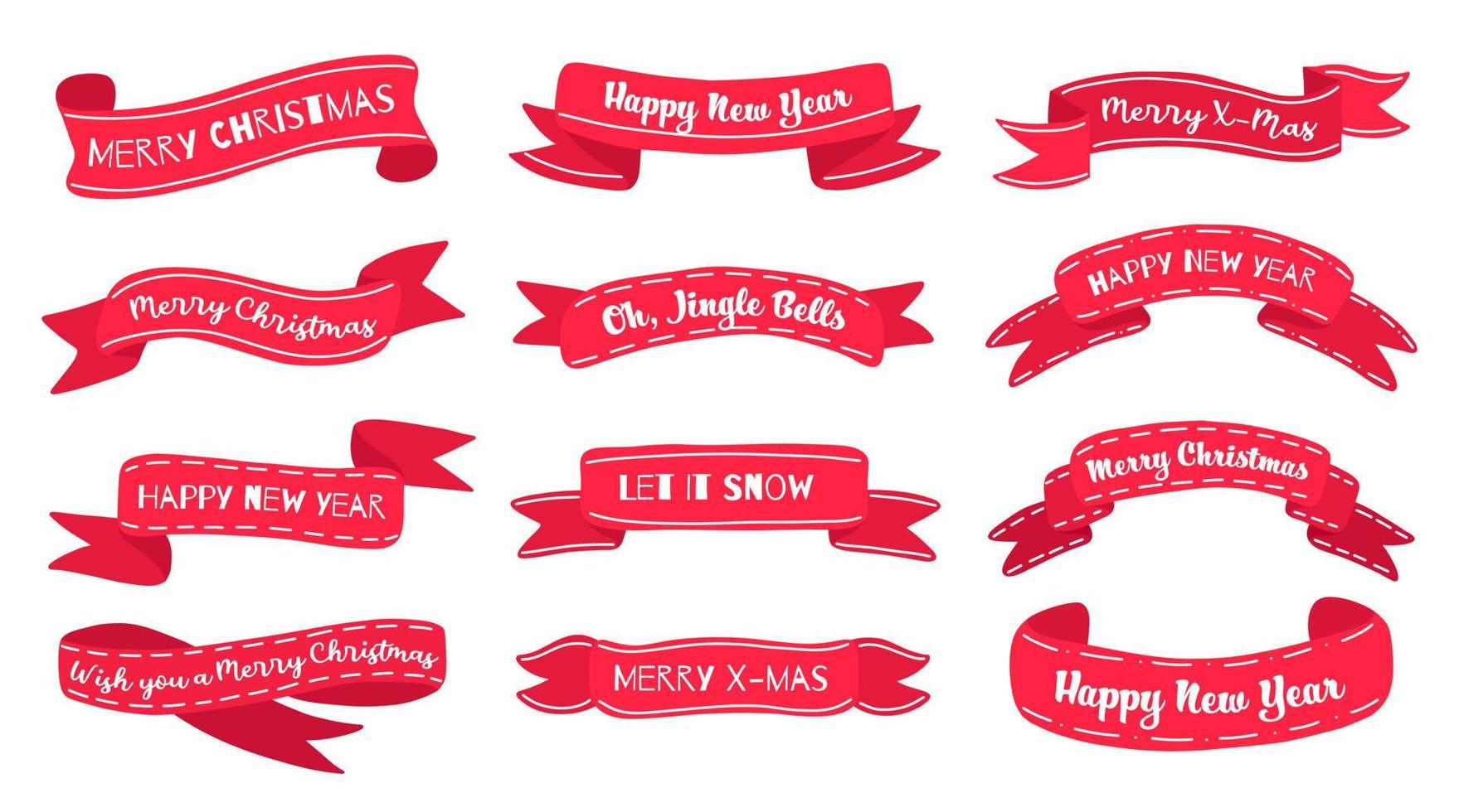 Natal conjunto fitas vermelhas, emblemas, etiquetas, arcos e citações de saudação de ano novo. isolado para cartões postais, cartazes, cartazes, design. vetor