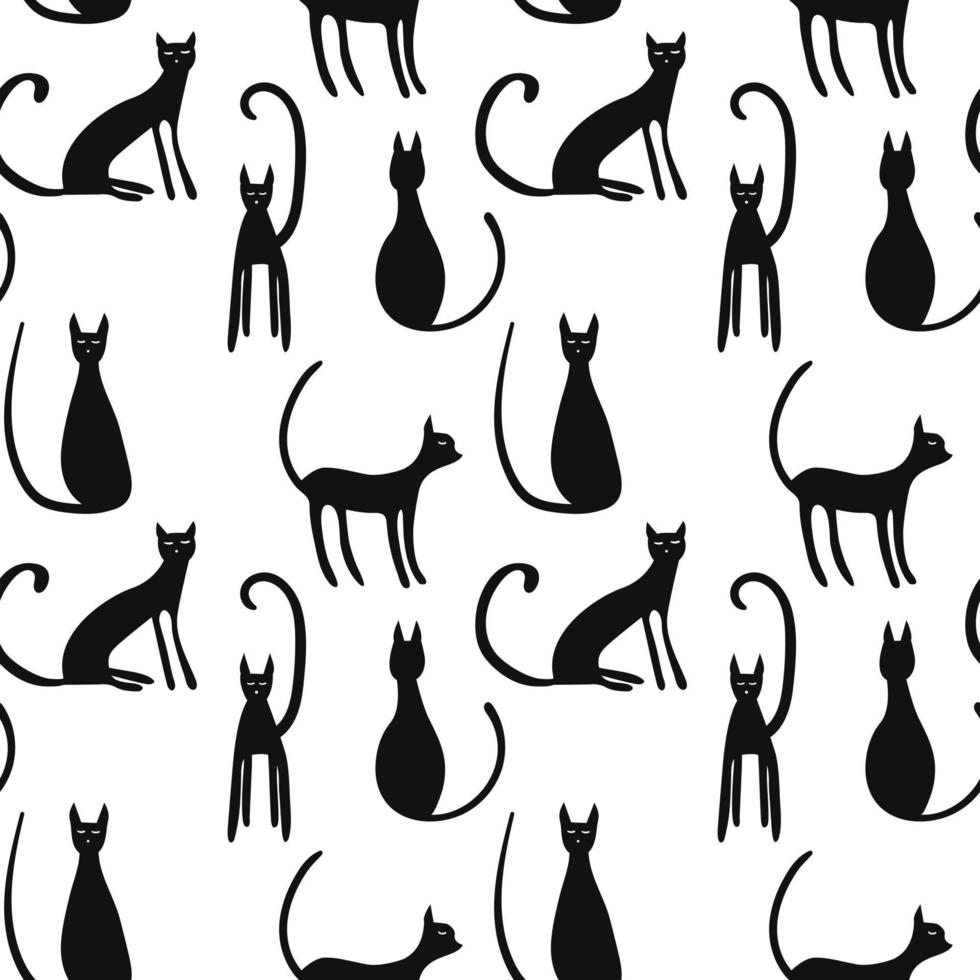 padrão sem emenda de vetor de gato preto. decoração de halloween, papel de embrulho, têxtil. gatos isolados no fundo branco.